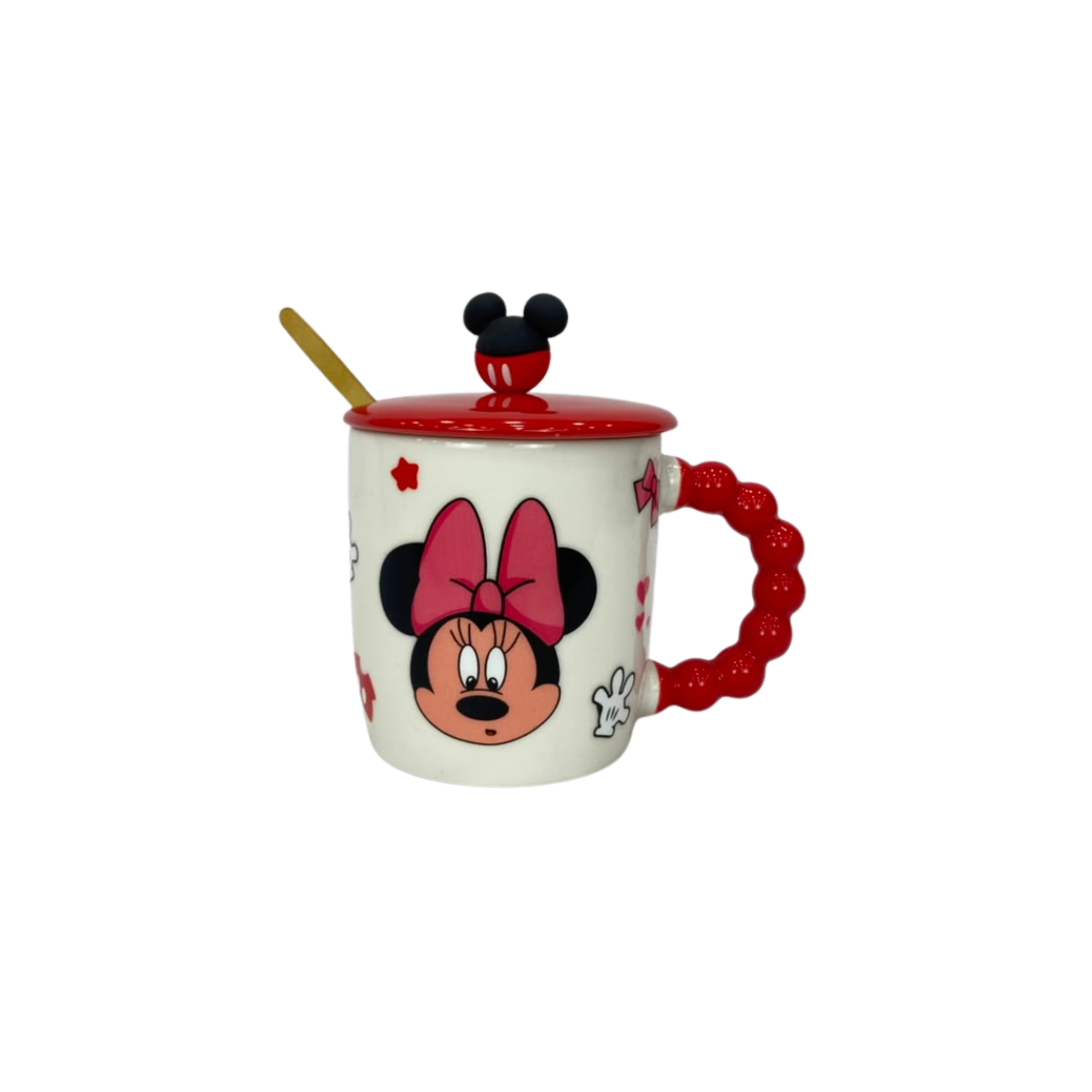 Red-and-white ceramic Minnie mug with lid, spoon, and red beaded handle